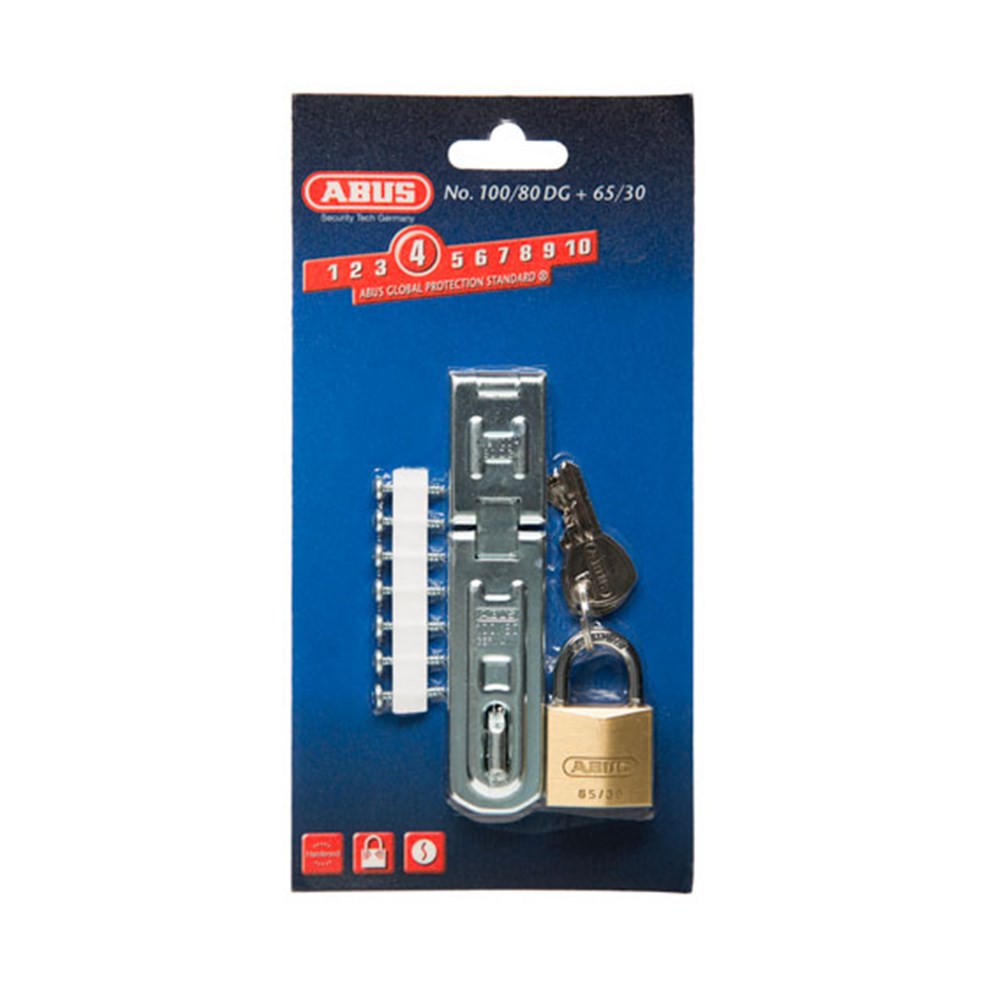 Abus 100/80 DG Hinged Hasp & Staple – 80mm, Double Joint, Hardened Steel, Carded With Screws