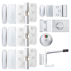 Metlam Partition Hardware Kit LH Hold Open with 3 Hinges, Lock, Staple & Coat Hook Satin Chrome Pearl Concealed Fixings - 106C, 300_LOCK, 101C, 202C