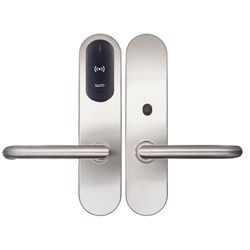 SALTO XS4 Original+ Escutcheon, Mifare BLE, ANSI 67mm Wide Body, with Electronic Privacy, Z handle, Satin Stainless steel, Black Reader, Universal Spindle, Indoor