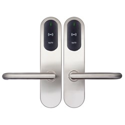 SALTO XS4 One S Escutcheon, Mifare BLE HSE, 67mm Wide Body with Z Levers in Satin Stainless Steel finish, Black Reader, Universal Fixing Kit, Double Reader, IP55 - AM950Z00IMBU6DE