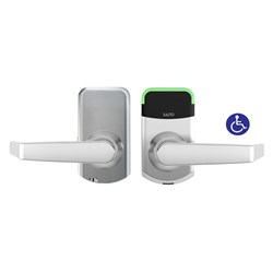 SALTO XS4 Mini ANSI Escutcheon with ANSI Cylindrical Latch Included, D handles, DDA Compliant, HSE, BLE and Mifare DESfire, 8mm Spindle, 60mm Backset, Satin Chrome Finish, Black Reader, Suit 40-47mm Door