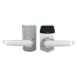 SALTO XS4 Mini ANSI Escutcheon with ANSI Cylindrical Latch Included, N handles, HSE, BLE and Mifare DESfire, 8mm Spindle, 127mm Backset, Satin Chrome Finish, Black Reader, Suit 45-60mm Door.