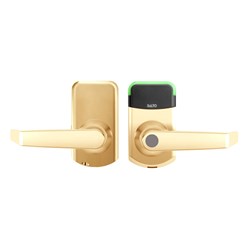 SALTO XS4 Mini ANSI Escutcheon with ANSI Cylindrical Latch Included, Key Override Cut-Out, N handles, HSE, BLE and Mifare DESfire, 8mm Spindle, 60mm Backset, Bright Brass PVD Finish, Black Reader, Suit 40-47mm Door.