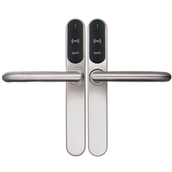 SALTO XS4 Original+ Escutcheon, Mifare BLE HSE, 40mm Narrow Body with Z Levers in Satin Stainless Steel finish, Black Reader, Universal Fixing Kit, Double Reader, IP55 - EM450Z00IMBU6DE