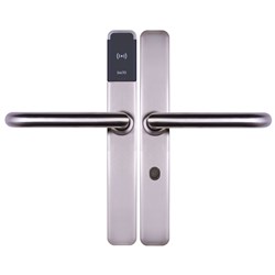 SALTO XS4 ONE Euro Escutcheon HSE with Electronic Privacy, Z Handles, U Spindle Kit, Stainless Steel Finish with Black Reader, For Outdoor Use.