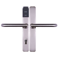 SALTO XS4 ONE Escutcheon with Key Override Cutout, Z Handles, HSE, 7.6mm Spindle, Stainless Steel Finish with Black Reader, Universal Spindle For Indoor Use.