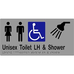 K-Jam Sign Unisex Accessible Toilets LH & Shower with Braille 300x150 Laminated Vinyl Silver over Black - KJ957LV12