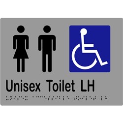K-Jam Sign Unisex Accessible Toilet LH with Braille 210x150 Laminated Vinyl Silver over Black - KJ972LV12