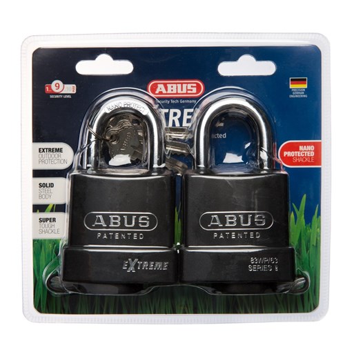 ABUS Extreme Series Premium Weatherproof Rekeyable Padlock with 63mm Black Covered Hardened Steel Body and 36mm Hardened Steel Shackle KA Twin Pack - 83WP63NTWINSC