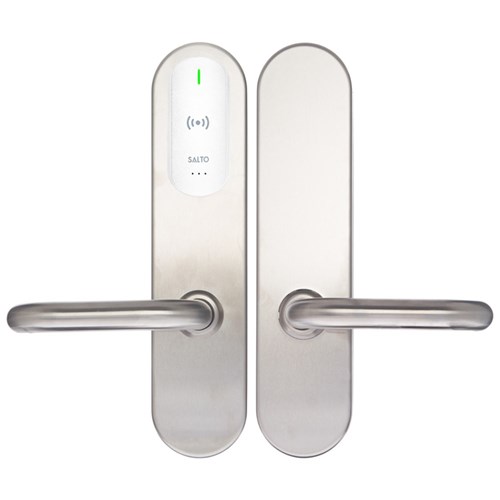 SALTO XS4 Original+ Escutcheon Mifare BLE ANSI 67mm Wide Body U Handle Satin Stainless Steel White Reader 42-47mm Door 7.6mm Spindle Indoor