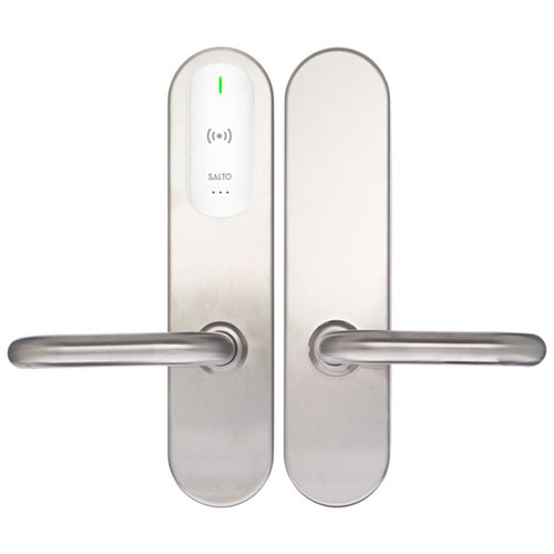 SALTO XS4 Original+ Escutcheon, Mifare BLE, ANSI 67mm Wide Body U Handle, Satin Stainless Steel, White Reader, 42-47mm Door, 7.6mm Spindle, Outdoor IP56