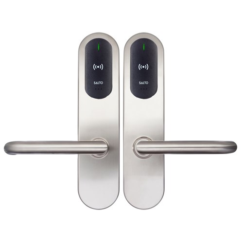SALTO XS4 One S Escutcheon, Mifare BLE HSE, 67mm Wide Body with Z Levers in Satin Stainless Steel finish, Black Reader, Universal Fixing Kit, Double Reader, IP55 - AM950Z00IMBU6DE
