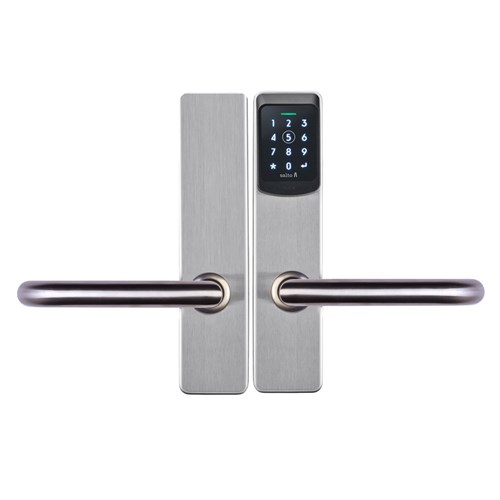 SALTO XS4 One S Escutcheon, Mifare BLE HSE, 67mm Wide Body with Z Levers in Satin Stainless Steel finish, Black Reader, Universal Fixing Kit, IP55, For Outdoor Use - AM950Z00IMBU6E5