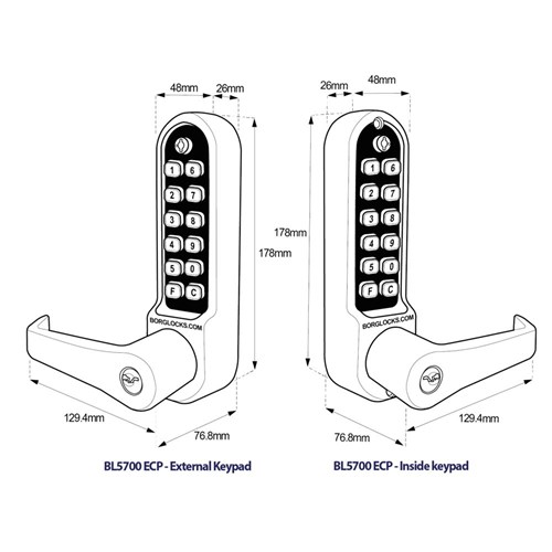 Borg Mechanical Digital Door Lock with Lever Back to Back Easicode Pro Keypads and Key Override Marine Grade - BL5771MGPROECP