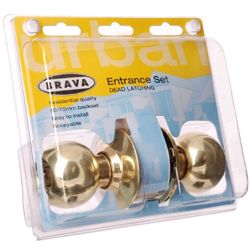 BRAVA Urban Cylindrical Entrance Knob Set LW4 Profile KD with Adjustable 60/70mm Backset Polished Brass Display Pack - BRC3700DP