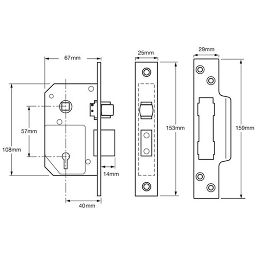 Chubb 5 Lever Mortice Sashlock with 57mm Pitch 40mm Backset 20mm Deadbolt and Roller Latch Polished Brass - 3K74E-PB-67