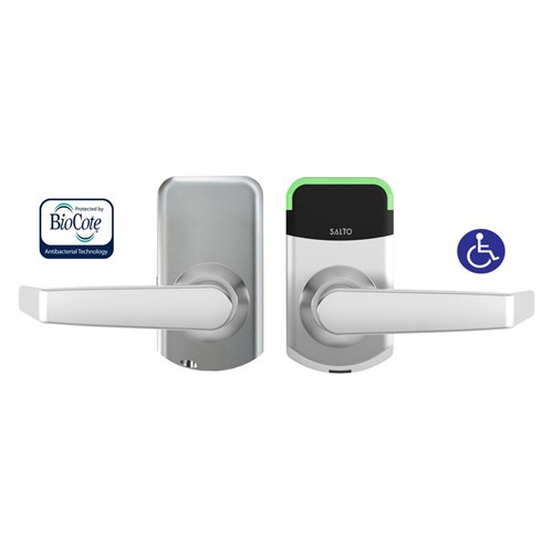 SALTO XS4 Mini ANSI Escutcheon with ANSI Cylindrical Latch Included, D handles, DDA Compliant, HSE, BLE and Mifare DESfire, 8mm Spindle, 70mm Backset, BioCote Finish, Black Reader, Suit 40-47mm Door.