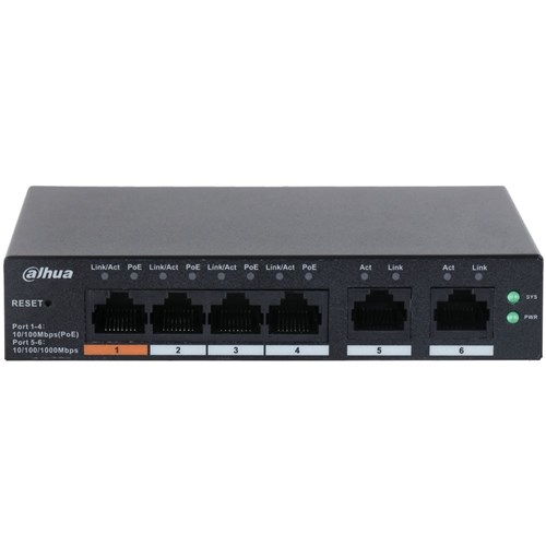 Dahua 6 Port Layer 2 Cloud Managed Network Switch with 4 PoE Ports plus 2 Uplink Ports - DH-CS4006-4ET-60