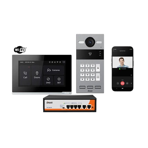 Dnake Black IP Video Door Intercom Kit with 7-Inch WiFi Touchscreen Monitor, Keypad Door Station & PoE Switch - IPK06-Black