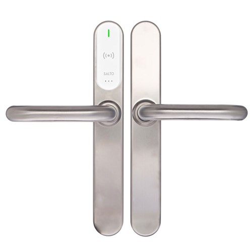 SALTO XS4 Original+ Escutcheon, Mifare BLE, 40mm Narrow Body U Handle, Satin Stainless Steel, White Reader, 42-47mm Door, 7.6mm Spindle, Outdoor IP56