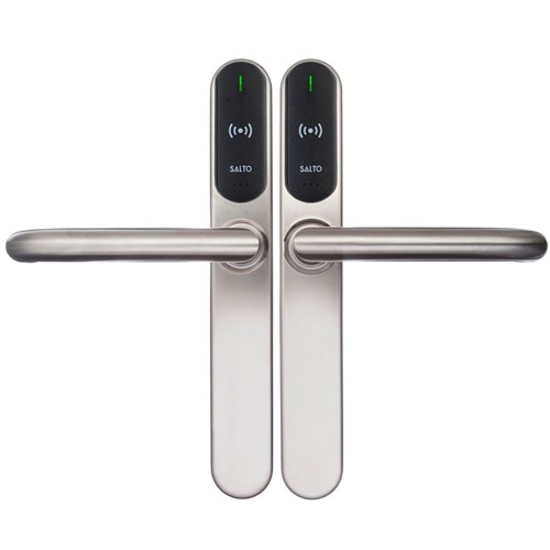 SALTO XS4 Original+ Escutcheon, Mifare BLE HSE, 40mm Narrow Body with Z Levers in Satin Stainless Steel finish, Black Reader, Universal Fixing Kit, Double Reader, IP55 - EM450Z00IMBU6DE