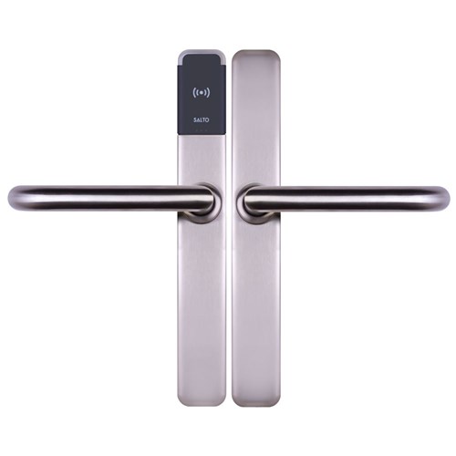 SALTO XS4 ONE Escutcheon with Z Handles, HSE, BLE and Mifare DESfire, 8mm Spindle, Stainless Steel Finish with Black Reader suit 32-47mm Door, For Indoor Use.