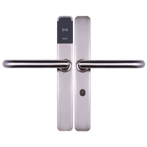 SALTO XS4 ONE Euro Escutcheon HSE with Electronic Privacy, Z Handles, U Spindle Kit, Stainless Steel Finish with Black Reader, For Outdoor Use.