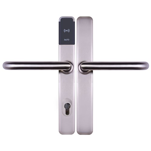 SALTO XS4 ONE Escutcheon with Key Override, Z Handles, HSE, BLE and Mifare DESfire, Stainless Steel Finish with Black Reader, U Spindle Kit, For Outdoor Use