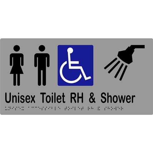 K-Jam Sign Unisex Accessible Toilets RH & Shower with Braille 300x150 Laminated Vinyl Silver over Black - KJ958LV12