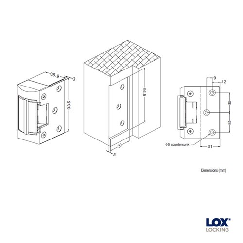 LOX ES15 Rim Mount Electric Strike 12 or 24VDC Non-Monitored IP56 - ES15