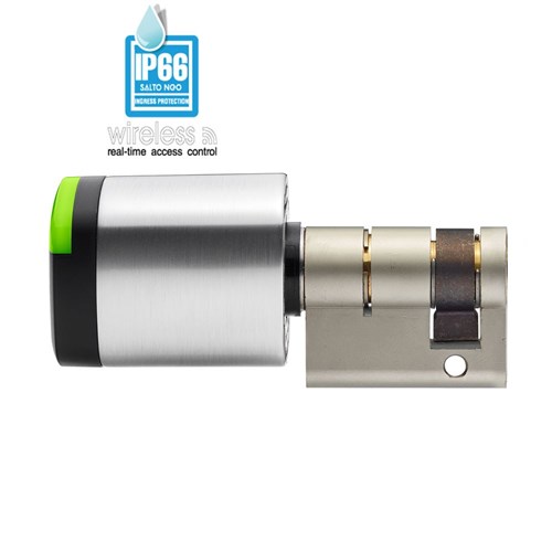 SALTO NEO Half Euro Cylinder, Mifare BLE HSE, 32.5mm exterior length, 15mm DIN Cam, Satin Chrome Cylinder with Black Reader, IP66