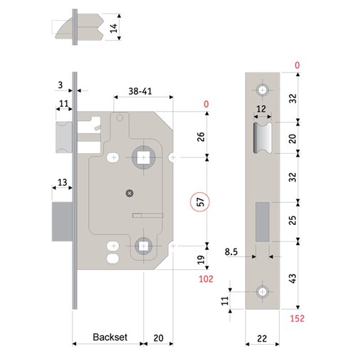 PROTECTOR 757 Series Bathroom Mortice Sash Lock Pitch 57mm Backset 58mm Satin Stainless - 718-3.0-SSF