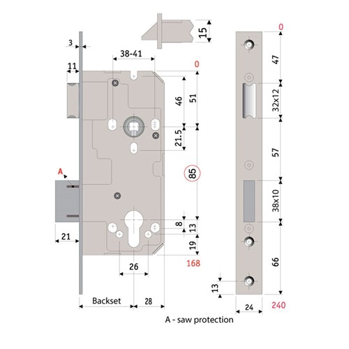 PROTECTOR 785 Series Mortice Sash Lock Pitch 85mm Backset 50mm Satin Brass - 785-50-SB