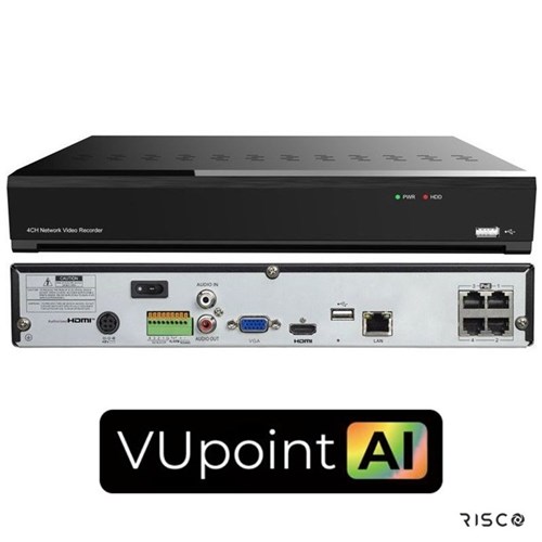 RISCO VUpoint AI 4 Channel NVR with 4 PoE Ports, 1 HDD Bay, includes AU Kettle Cord - RVNVR044K1RA