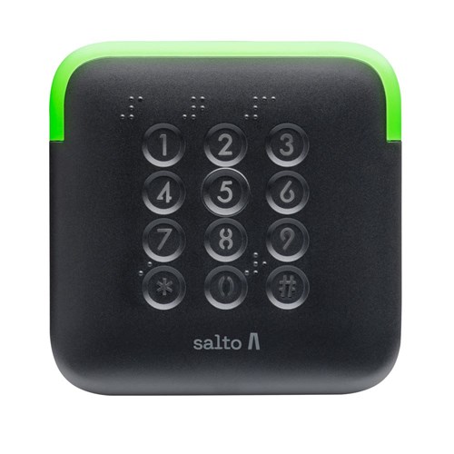 SALTO XS European Keypad Wall Reader with HSE, BLE and Mifare DESFire, Braille Embossed Keys, Conical Shape, Black Finish, For CU42 and CUC1 Controllers.