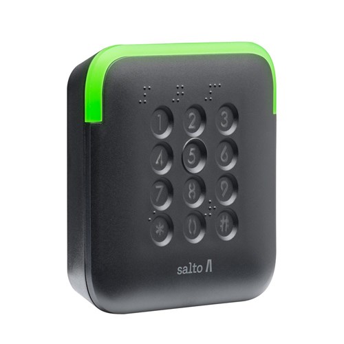 SALTO XS European Keypad Wall Reader with HSE, BLE and Mifare DESFire, Braille Embossed Keys, Conical Shape, Black Finish, For CU42 and CUC1 Controllers.