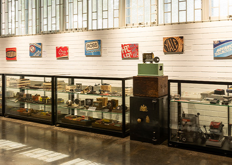 Bench with several museum items on display